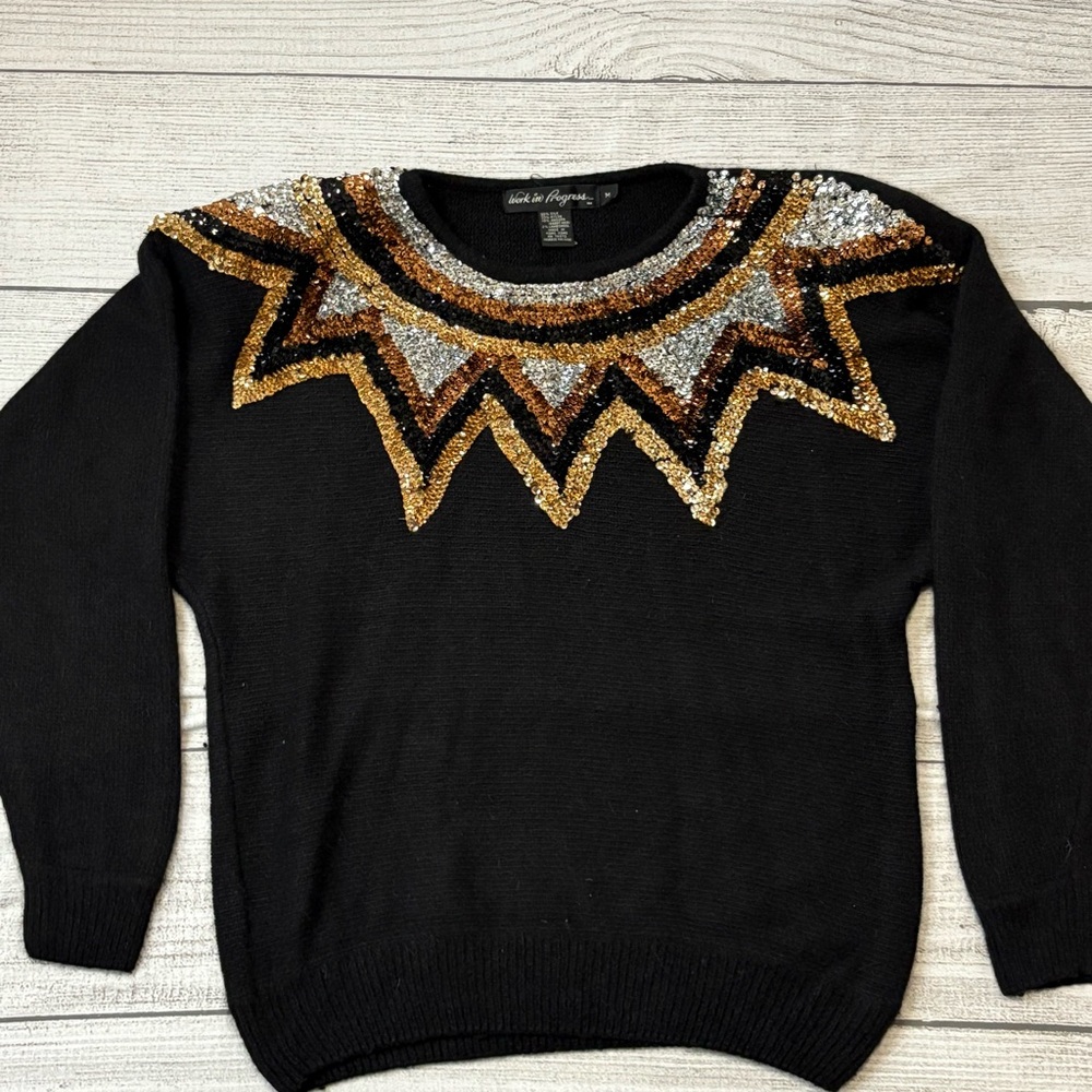 Vintage 80's Work in Progress Sequin Sweater‎ Silk Angora Blend Art Deco Size M
